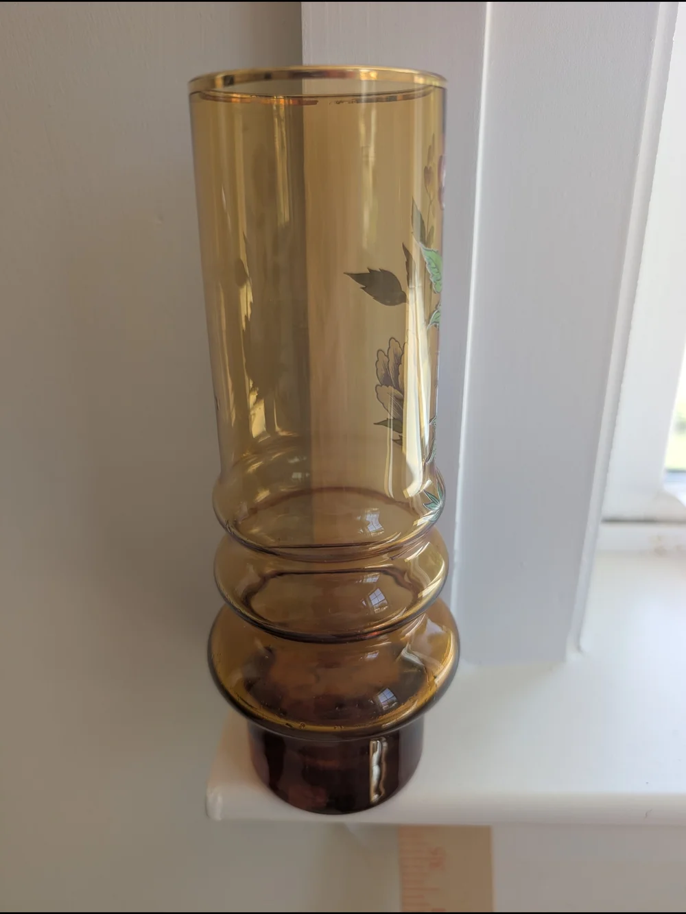 VTG Norleans Made In Italy Amber Glass Hand Painted Floral Cylinder Vase 7